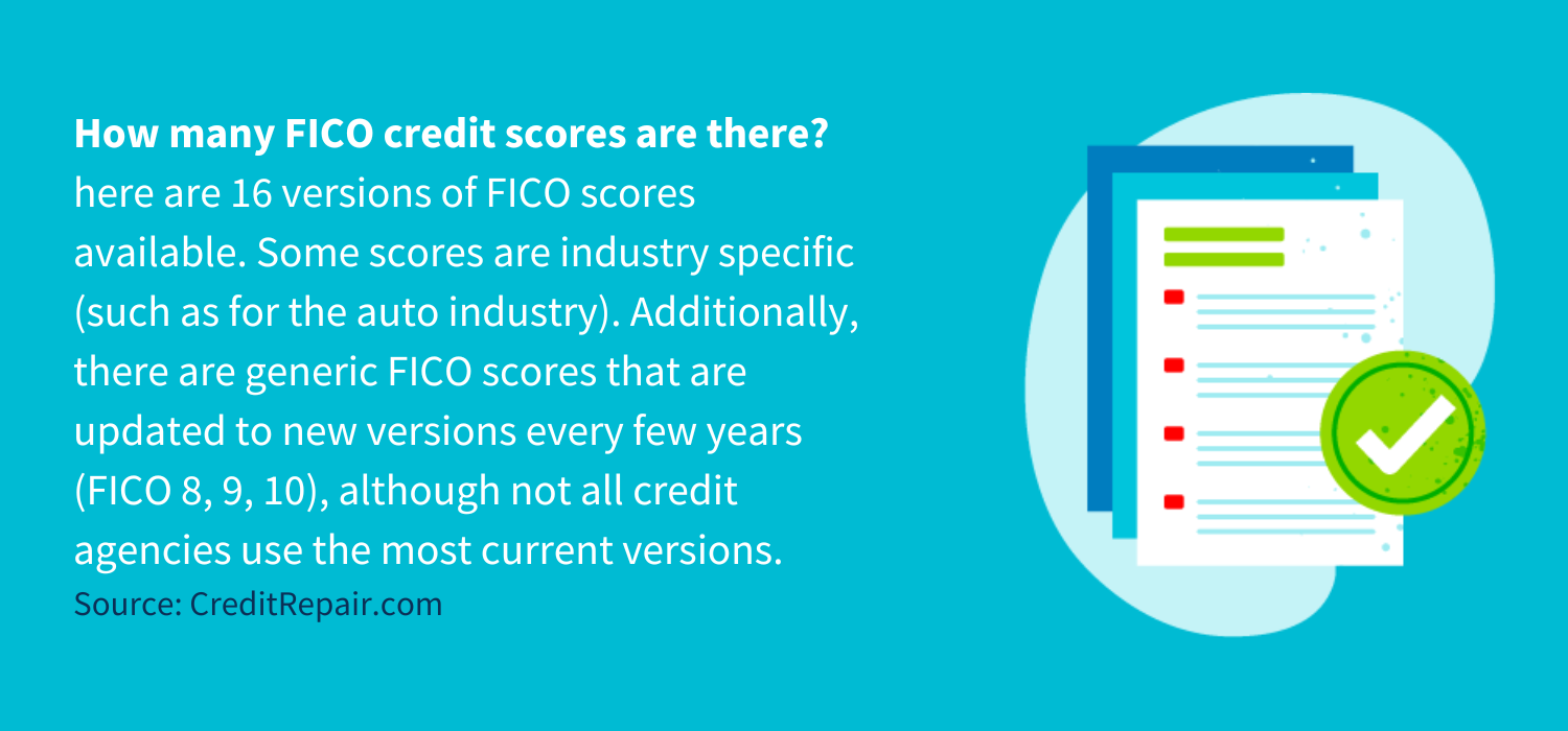 st FICO&nbsp;score was released in 1989, and today there are&nbsp;16 versions of FICO&nbsp;scores&nbsp;available. Some scores are industry specific (such as for the auto industry). Additionally, there are generic FICO&nbsp;scores that are updated to new versions every few years (FICO&nbsp;8, 9, 10), although not all credit agencies use the most current versions. So, in actuality, there are several dozen different models in use.