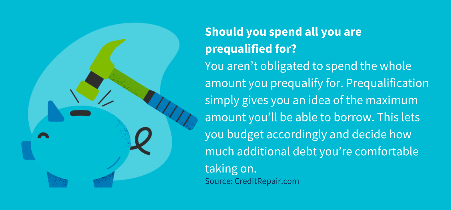 You aren’t obligated to spend the whole amount you prequalify for. Prequalification simply gives you an idea of the maximum amount you’ll be able to borrow. This lets you budget accordingly and decide how much additional debt you’re comfortable taking on.&nbsp;