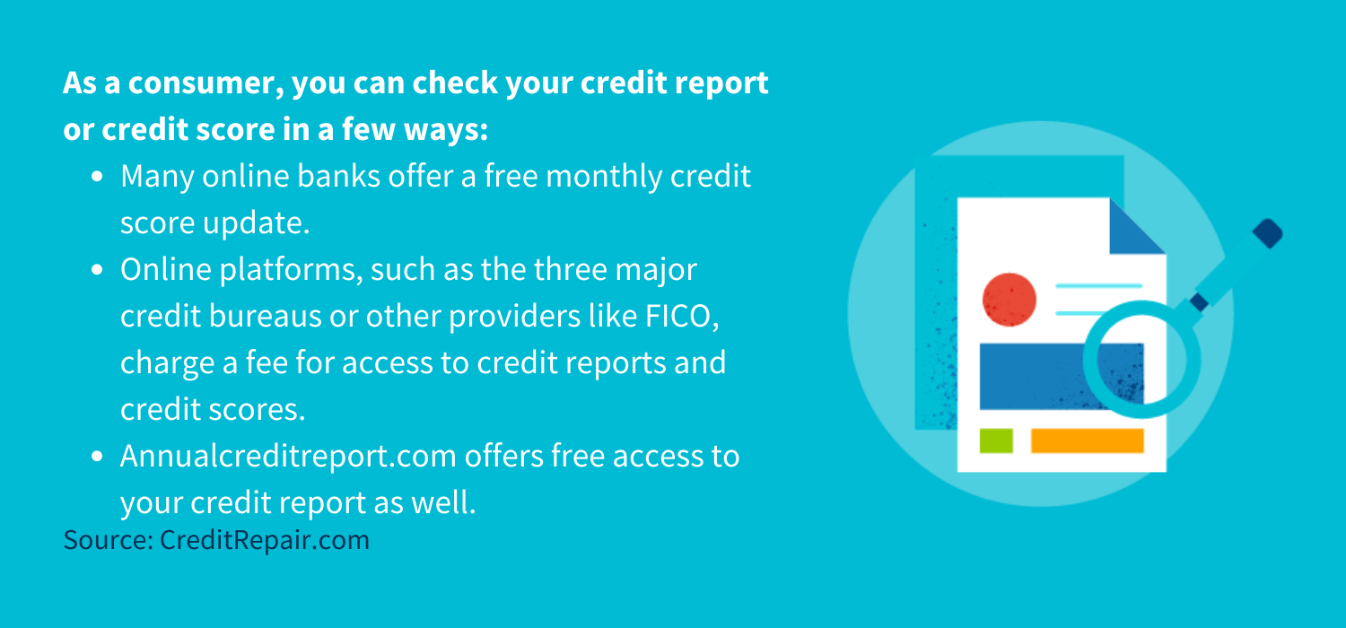As a consumer, you can check your credit report or credit score in a few ways:<br />
Many online banks offer a free monthly credit score update.<br />
Online platforms, such as the three major credit bureaus or other providers like FICO, charge a fee for access to credit reports and credit scores.<br />
Annualcreditreport.com offers free access to your credit report as well.