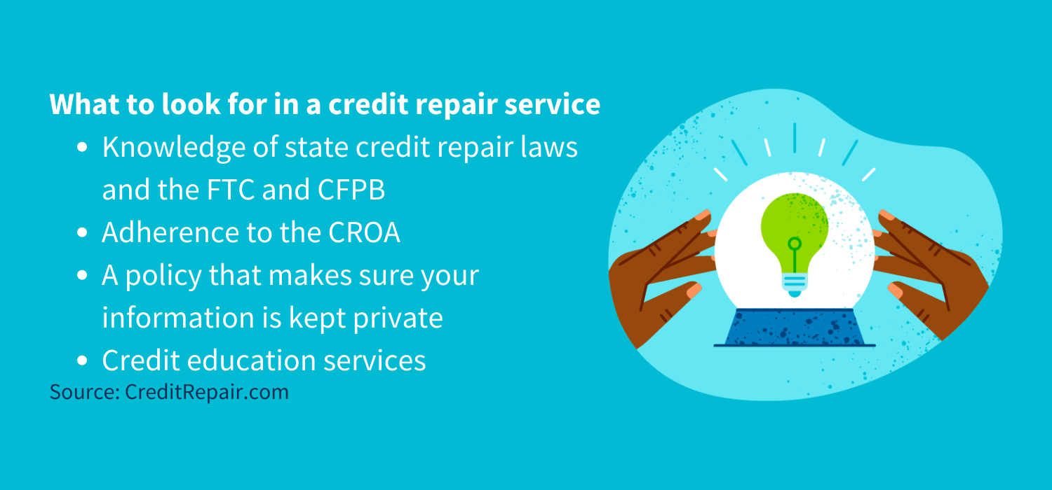 What to look for in a credit repair service<br />
Knowledge of state credit repair laws and the FTC and CFPB<br />
Adherence to the CROA<br />
A policy that makes sure your information is kept private<br />
Credit education services