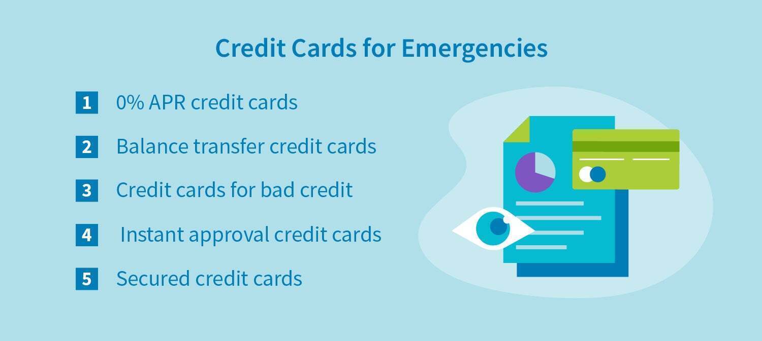 Credit cards for emergencies: 0% APR credit cards, balance transfer credit cards, credit cards for bad credit, instant approval credit cards and secured credit cards.